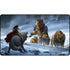 Red versus gold playmat featuring a snowy battlefield scene with a mounted warrior in red cloak and armored bears