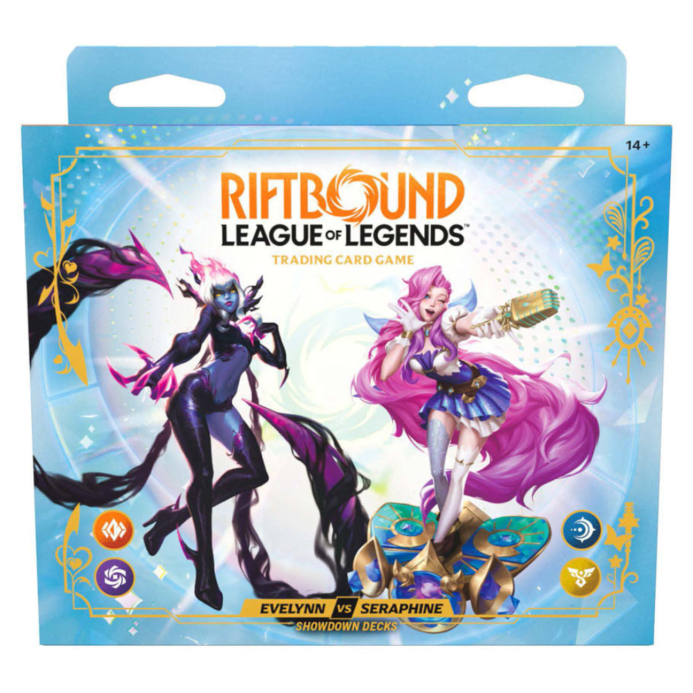Blue and gold packaged riftbound league of legends trading card game showdown decks featuring evelynn and seraphine characters