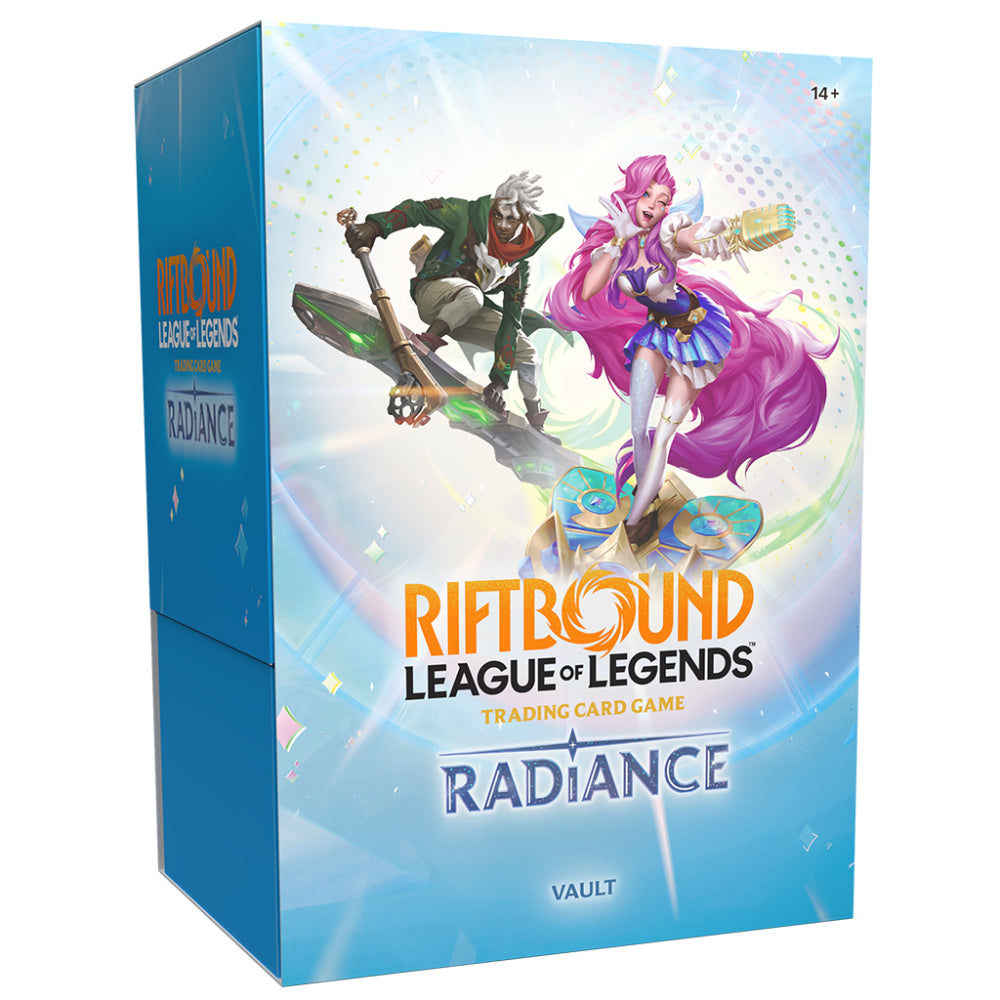 Blue cardboard box for riftbound league of legends trading card game radiance vault collectible packaging
