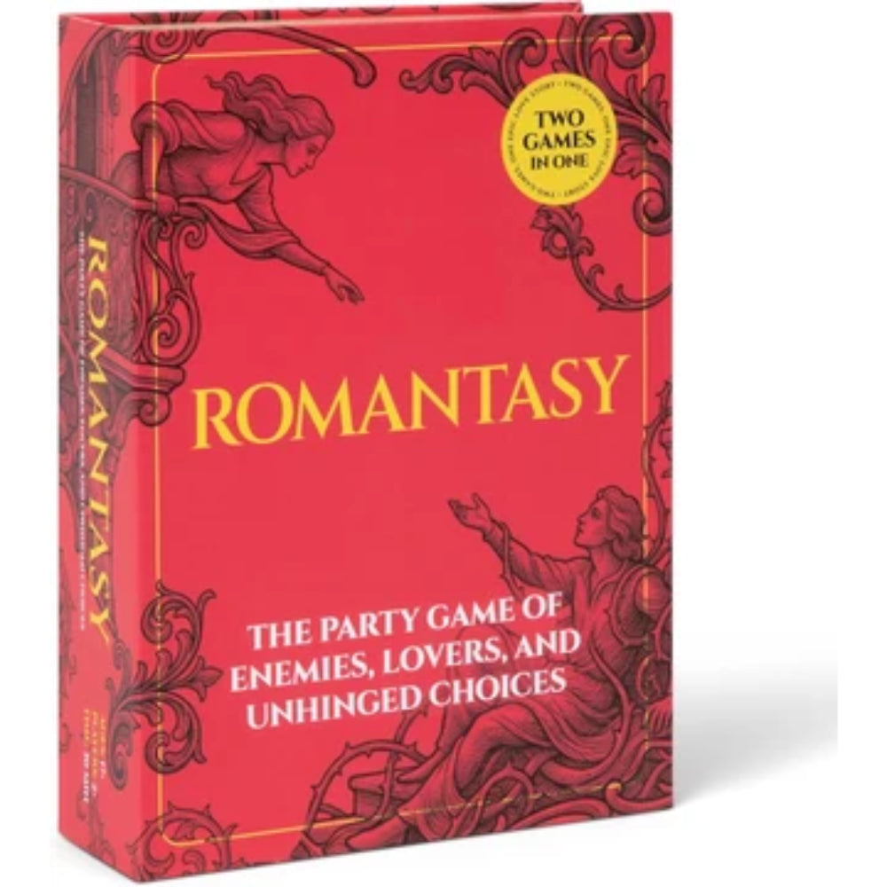 Red rectangular romantasy box with ornate dark red illustrations of figures and vines and bold yellow title letters