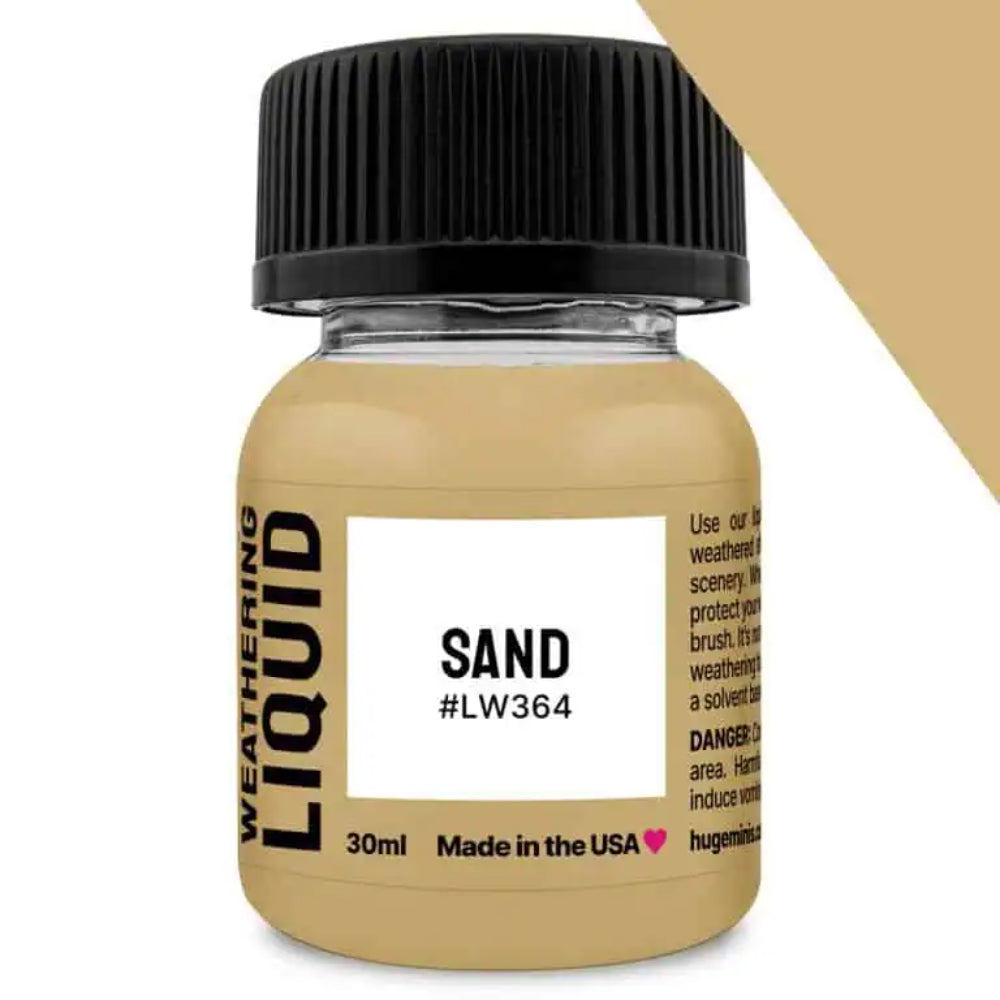 A 30ml bottle of tan-colored sand weathering liquid labeled sand lw364 with a black ribbed cap made in the USA