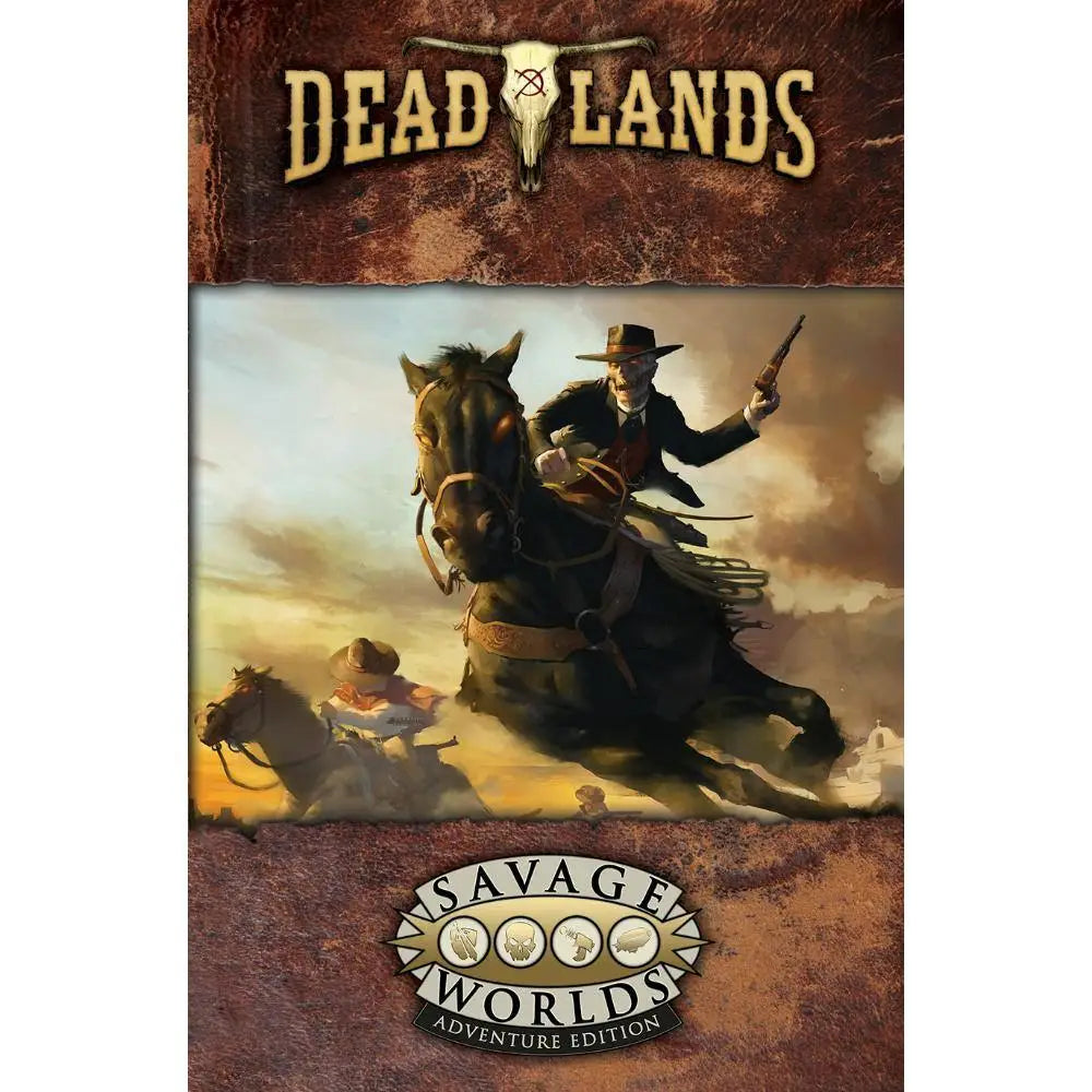Deadlands savage worlds adventure edition board game box with rugged illustrated cover of cowboy on horseback in dusty west