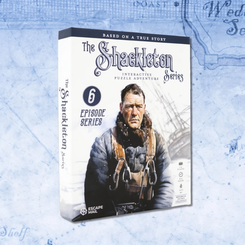 The Shackleton Series escape game box set features an interactive puzzle with a white and black cover showing Sir Ernest Shackleton