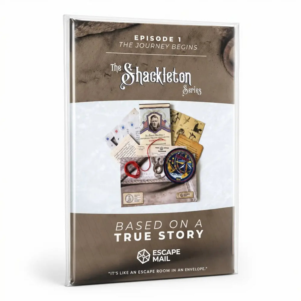Shackleton series escape game episode 1 the journey begins escape room kit in clear plastic sleeve with vintage brown and white design