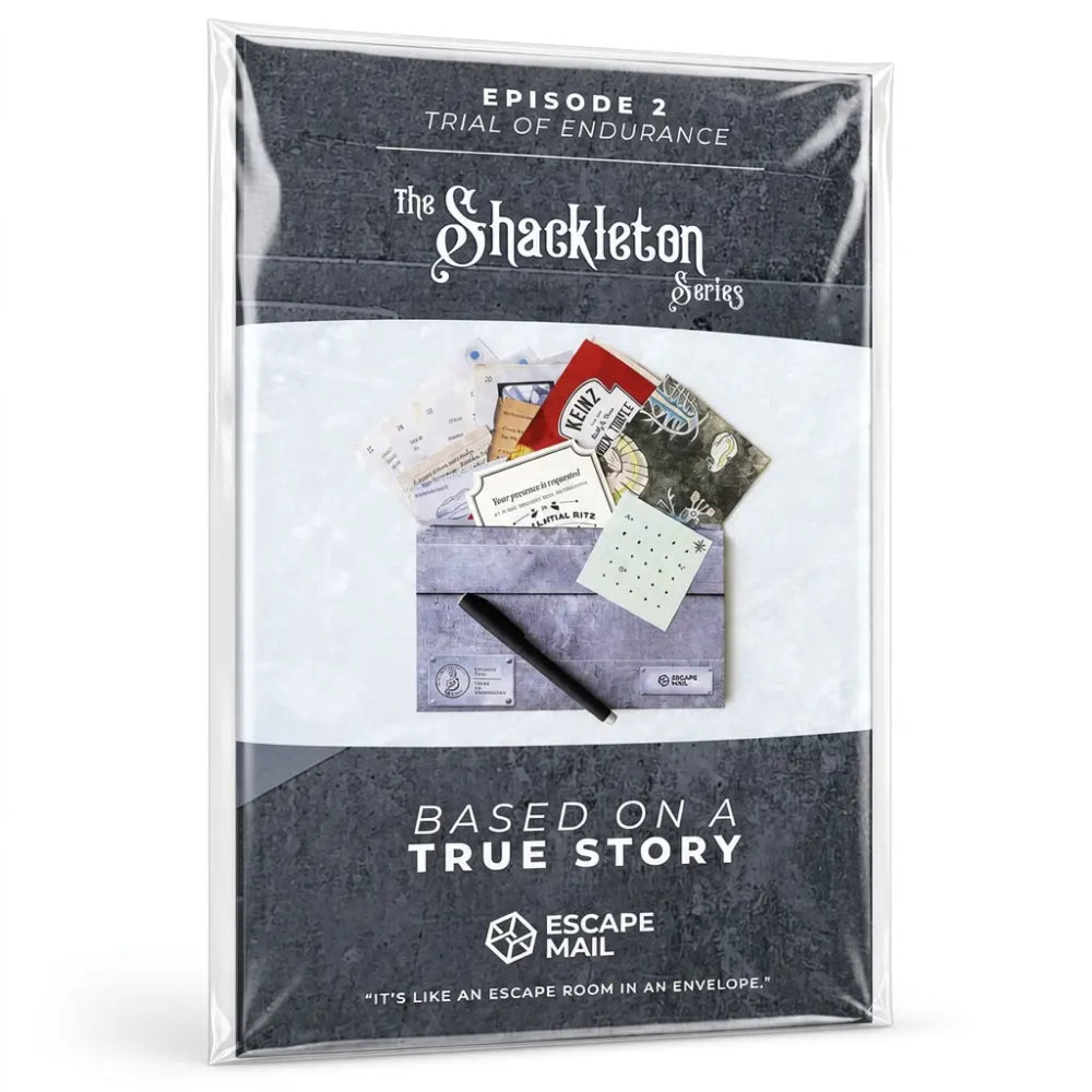 Shackleton series escape game episode 2 trial of endurance kit in clear plastic sleeve with dark gray textured design and white accents