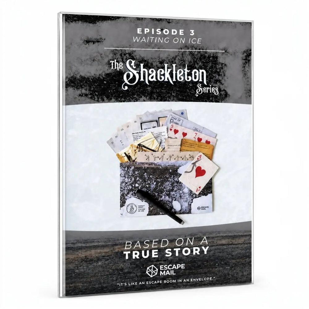 Shackleton series escape game episode 3 waiting on ice book with black-and-white cover and vintage mail and cards spilling from envelope