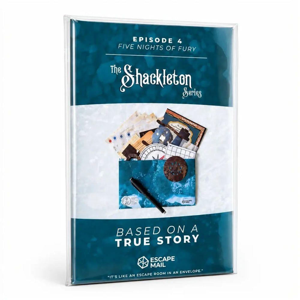 The shackleton series escape game episode 4 teal and white vintage explorer-themed escape room kit inside envelope