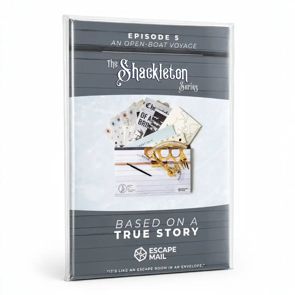 Shackleton series escape game episode 5 an open-boat voyage packaged in clear plastic with gray white vintage nautical design
