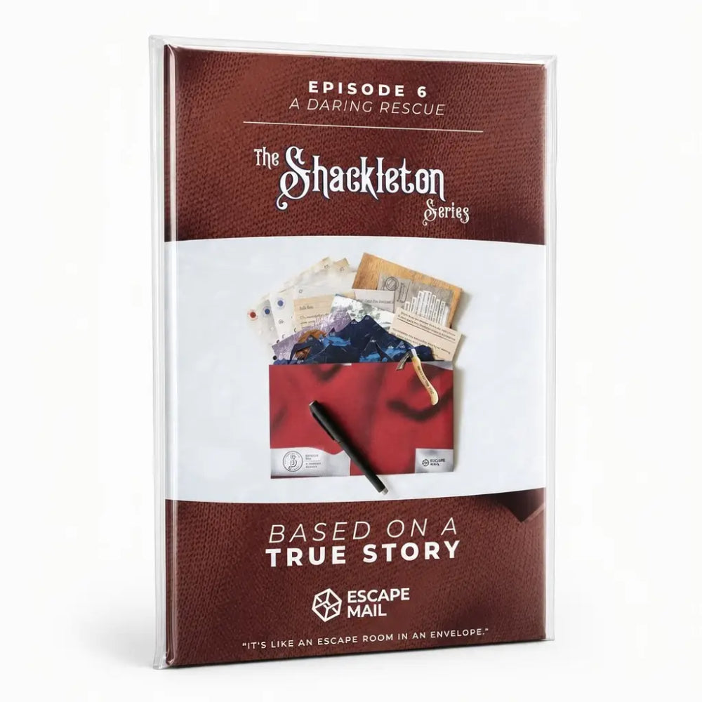 Brown leather-bound escape game book titled the shackleton series episode 6 a daring rescue with red envelope and pen design