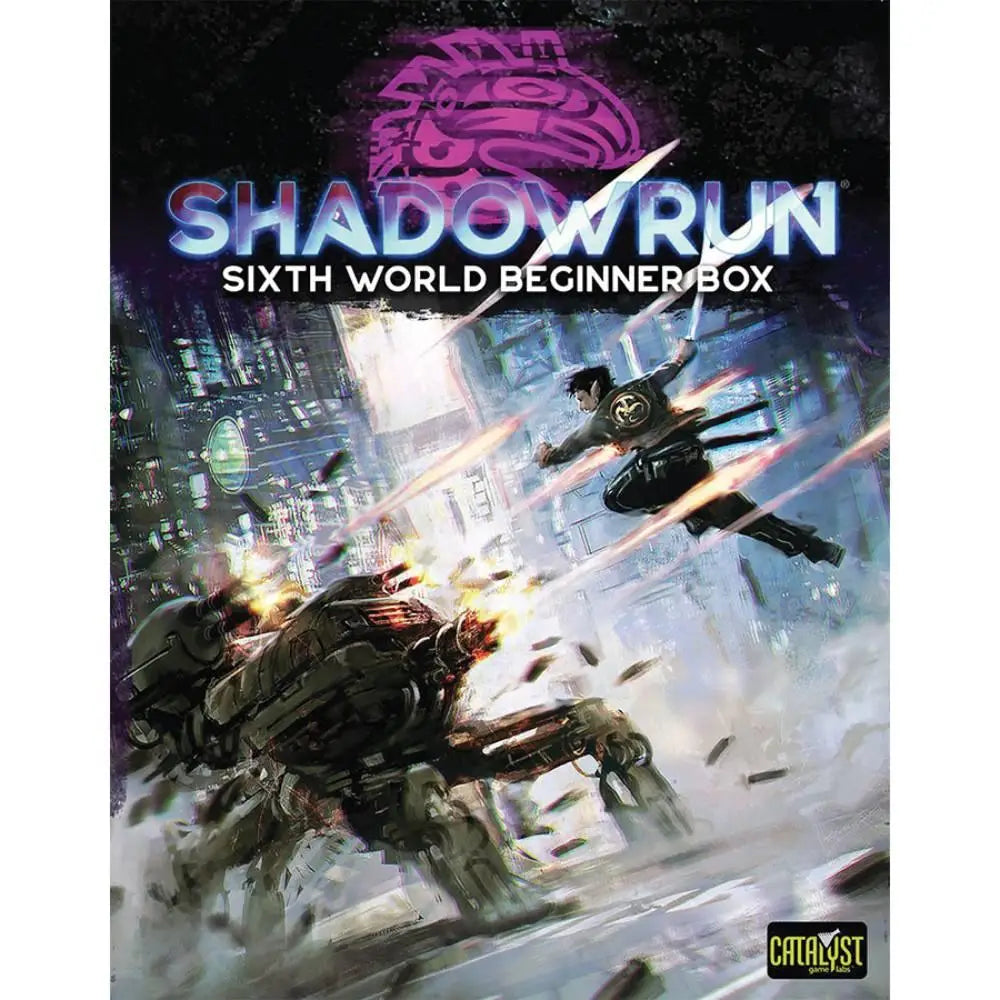 Shadowrun sixth world rpg beginner box set featuring dynamic character mid-air combat against mechanical beast in neon cityscape