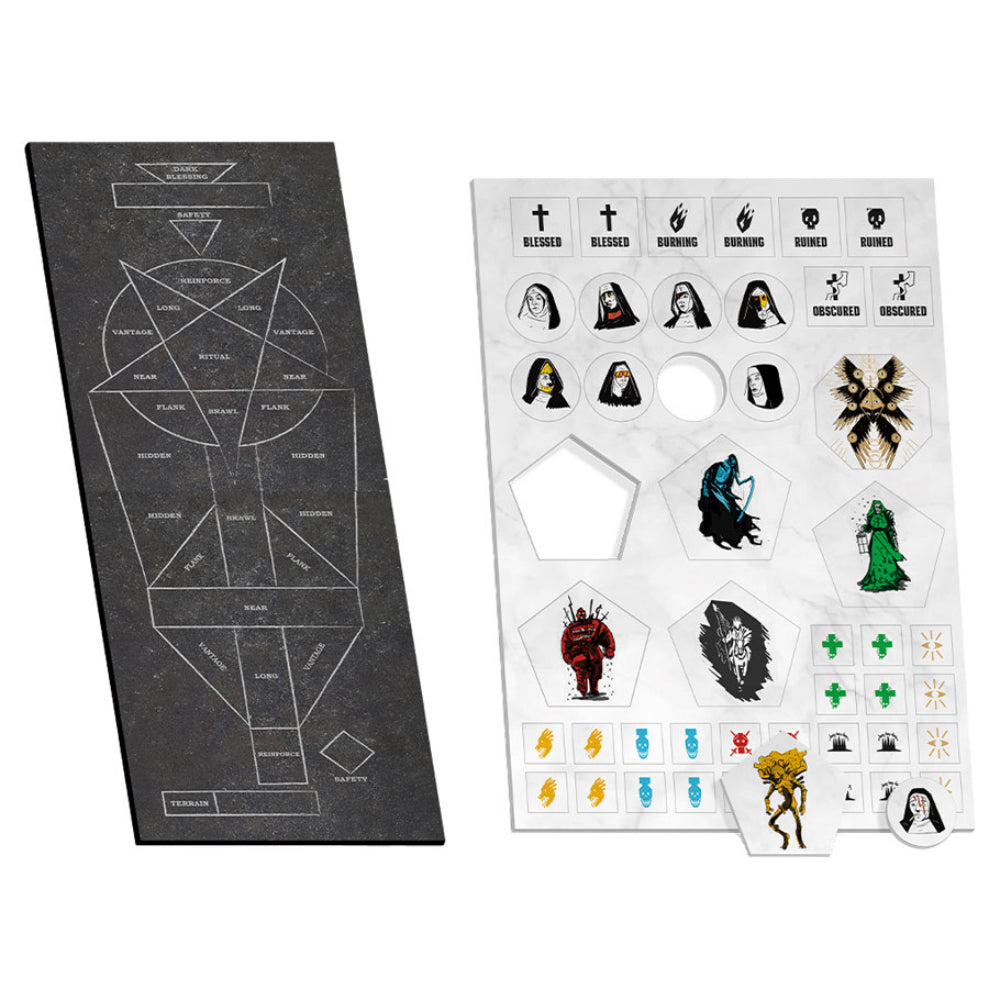 Black and white gothic-themed sticker sheet with characters and symbols for sisterhood rpg cross combat kit on marble background