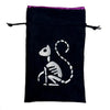 Black velvet skele kitty dice bag with white embroidered skeleton monkey and purple satin lining