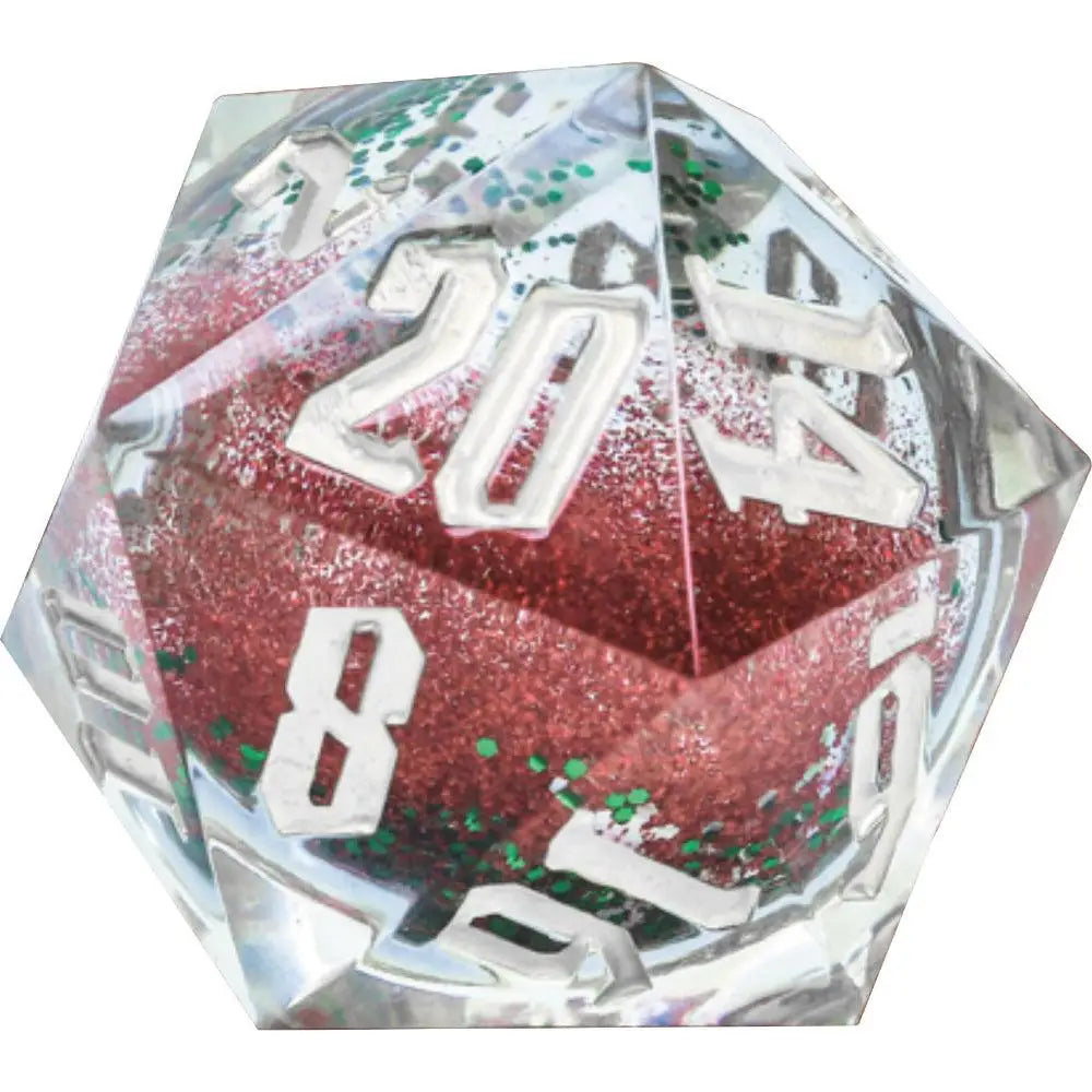 Snowglobe: 54mm D20 - Silver Ink, Red and Green Glitter, Silver Snowflakes Dice & Dice Supplies Alliance   