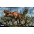 Rectangular gaming mat featuring a dynamic multicolor illustration of dinosaurs in a prehistoric forest for play use