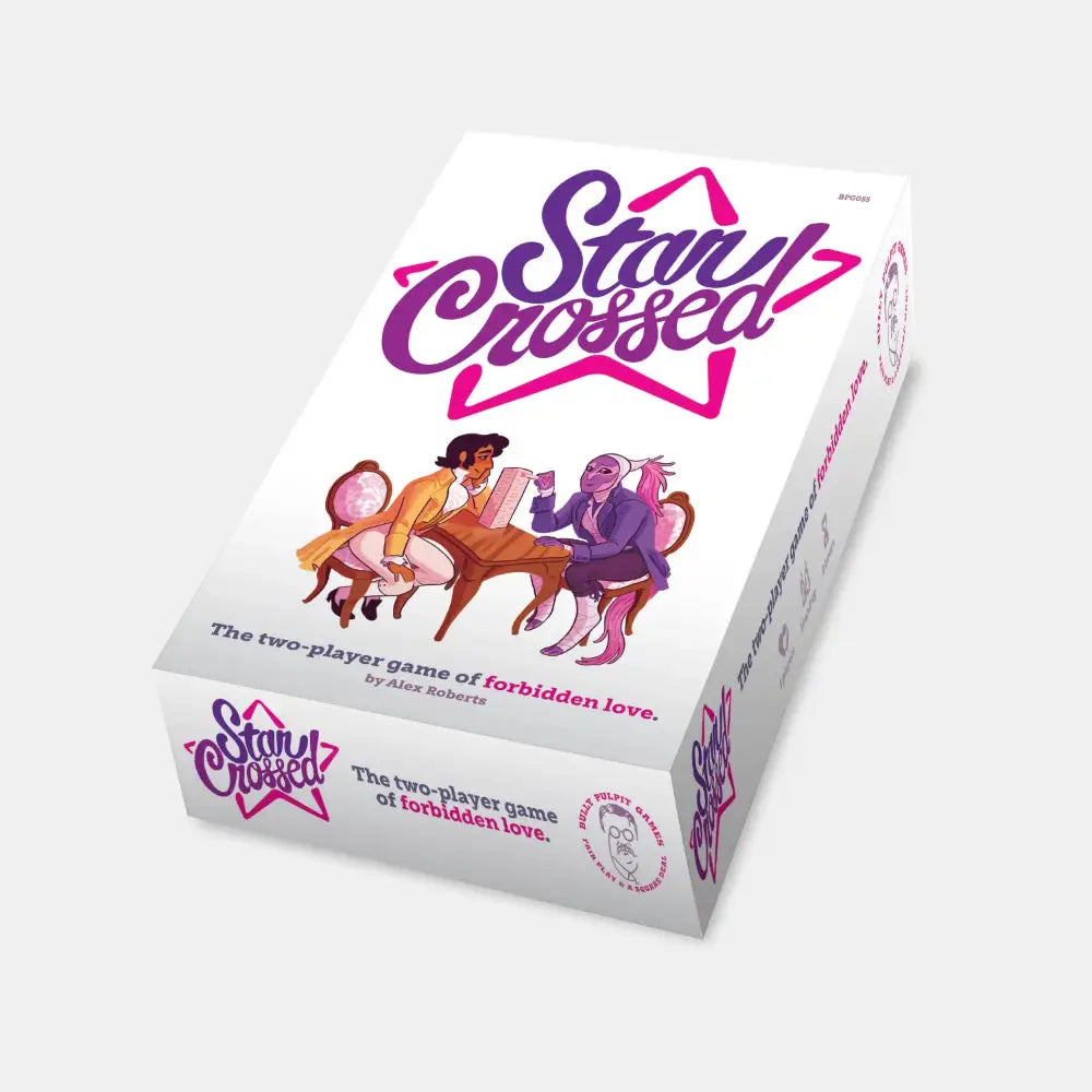 White cardboard box for star crossed rpg two-player board game with purple and pink lettering and romantic character illustration