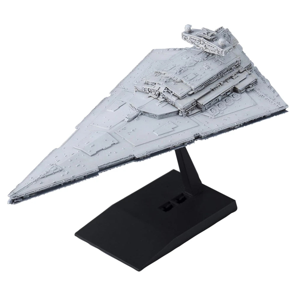 Gray plastic model kit of a star wars imperial star destroyer on a black display stand from vehicle collection