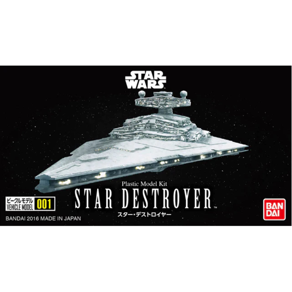 Silver plastic model kit of star wars star destroyer designed and manufactured by bandai from vehicle collection series