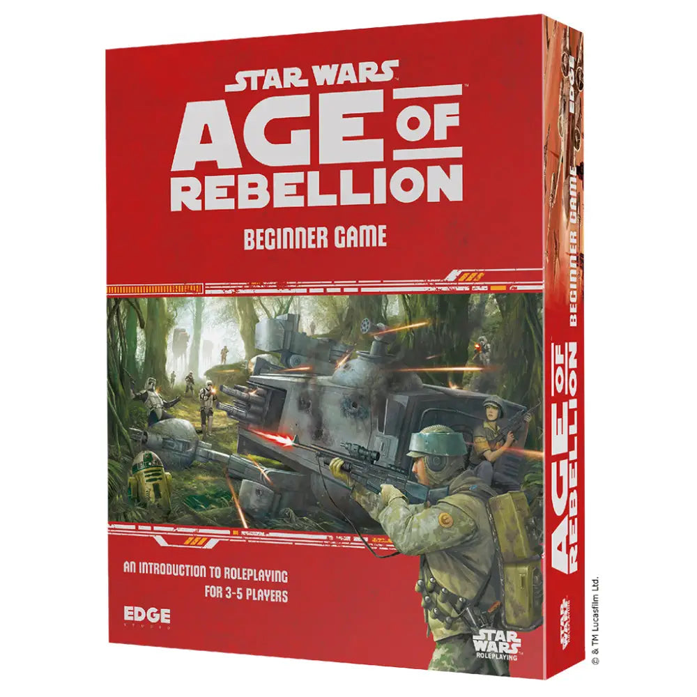 Red cardboard box for star wars rpg age of rebellion beginner game featuring soldiers and vehicles in a jungle battle scene
