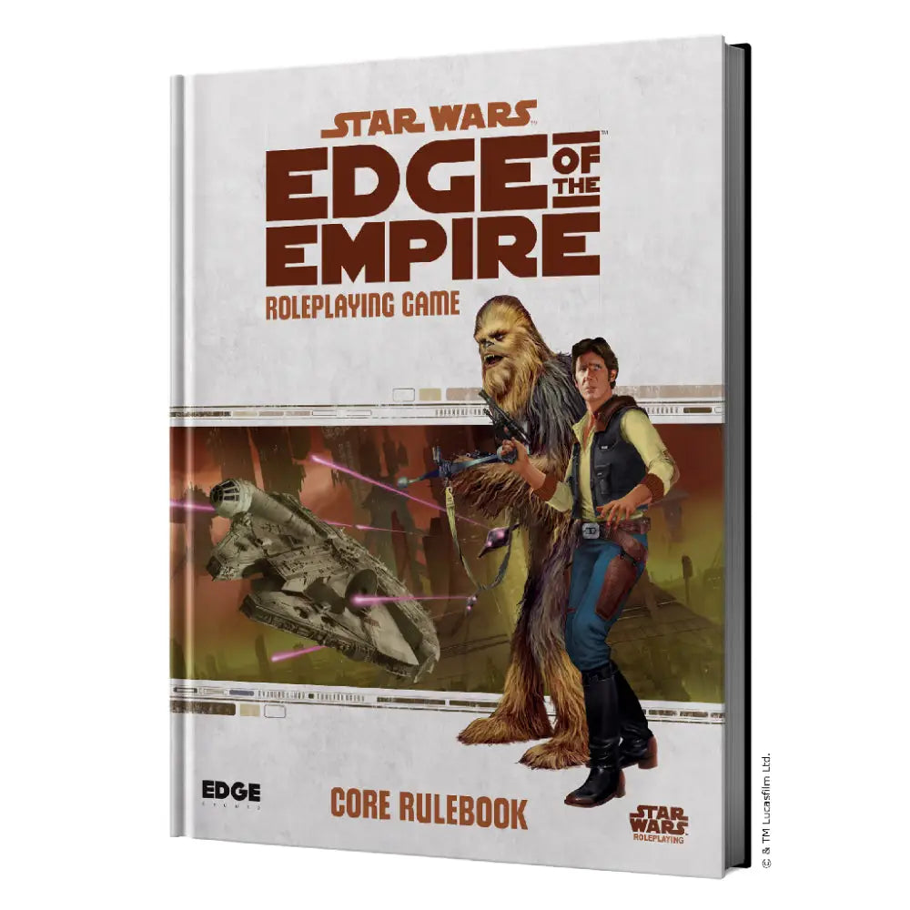 Star Wars RPG Edge of the Empire core rulebook with a colorful cover featuring Chewbacca and Han Solo