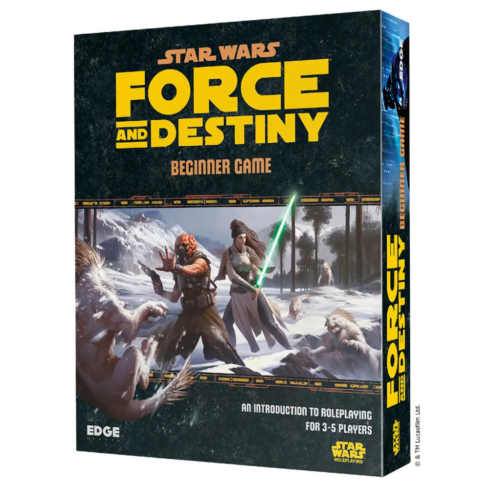 Star Wars RPG Force and Destiny beginner game box with dynamic snowy scene and glowing green lightsaber on dark cardboard