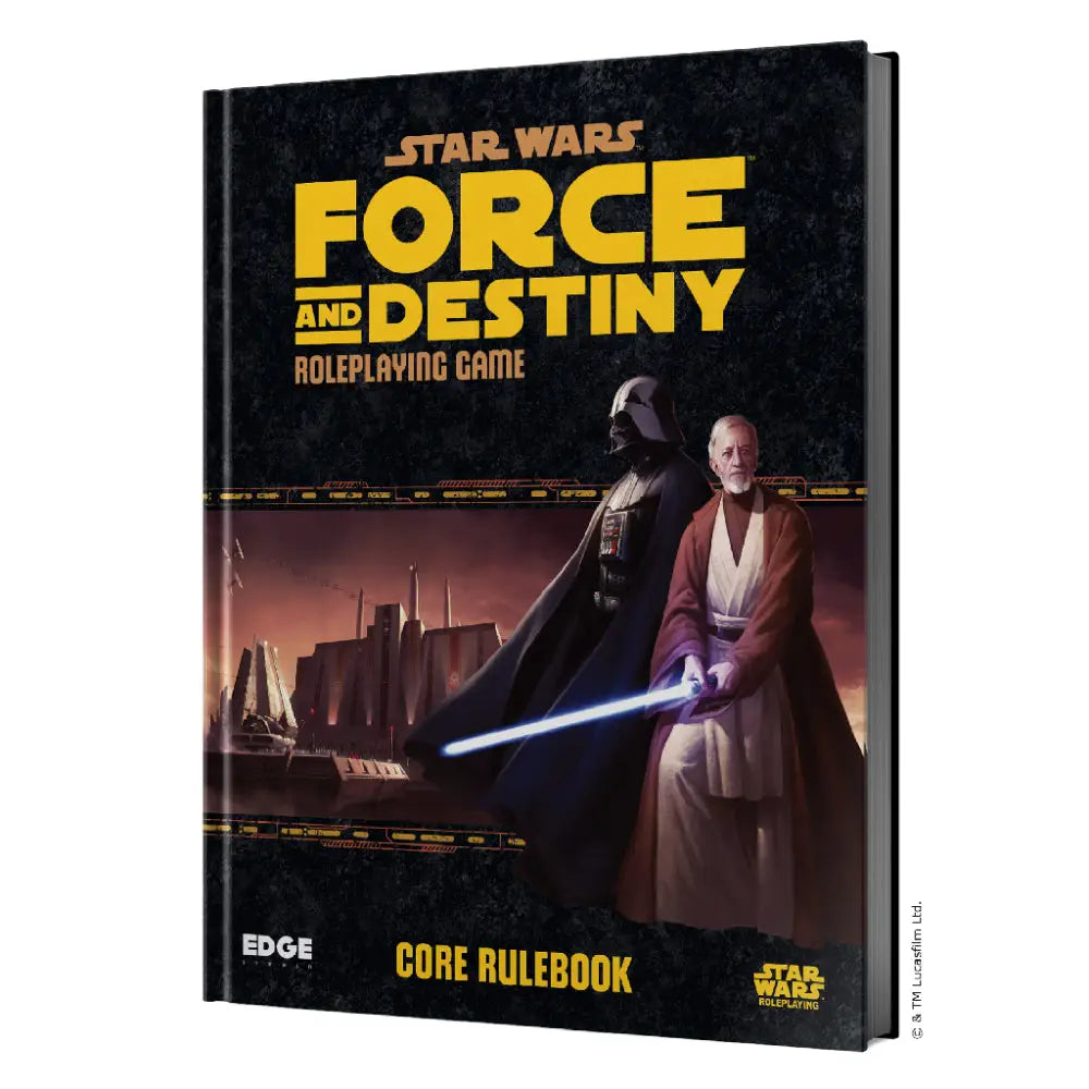 Star Wars RPG force and destiny core rulebook black cover with Darth Vader and Obi-Wan Kenobi cityscape illustration