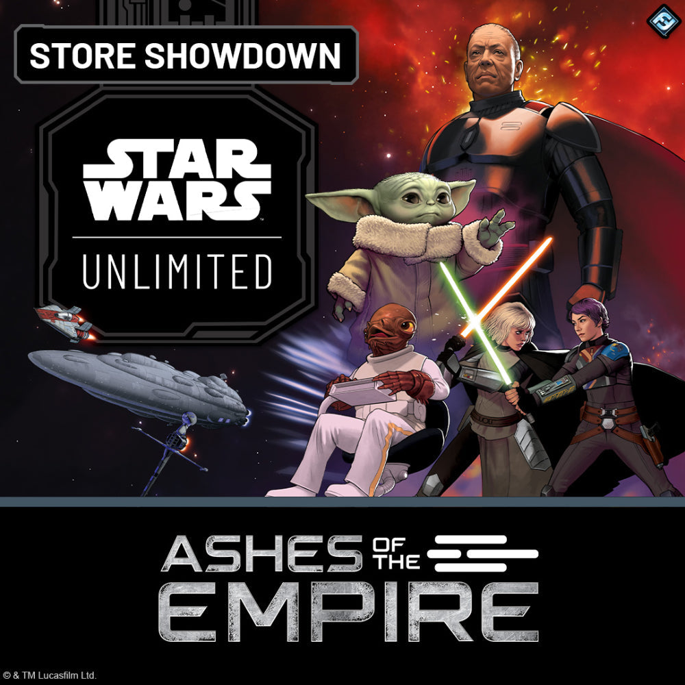 Star wars unlimited promotional graphic featuring ashes of the empire characters against a cosmic backdrop for store showdown event