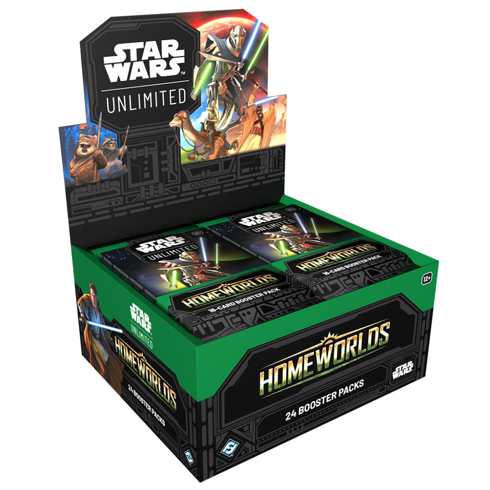 Star Wars Unlimited Homeworlds booster box in green and black containing 24 collectible card packs