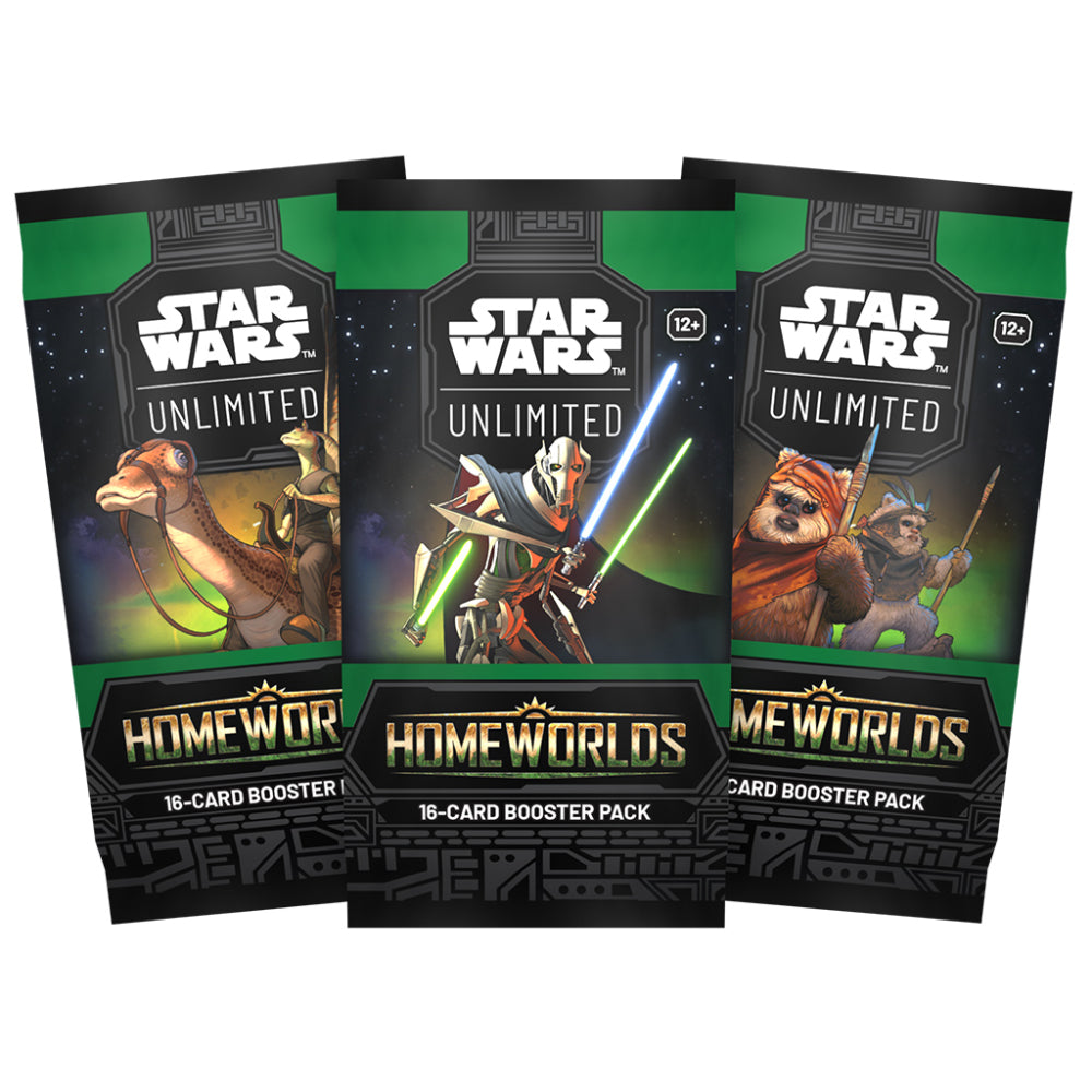Star wars unlimited homeworlds 16-card booster packs with vibrant green and black packaging featuring droid ewoks and lightsaber warrior