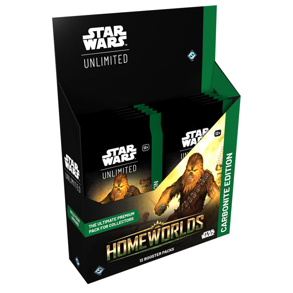 Star Wars Unlimited homeworlds carbonite booster box in black and green featuring Chewbacca artwork with 12 packs