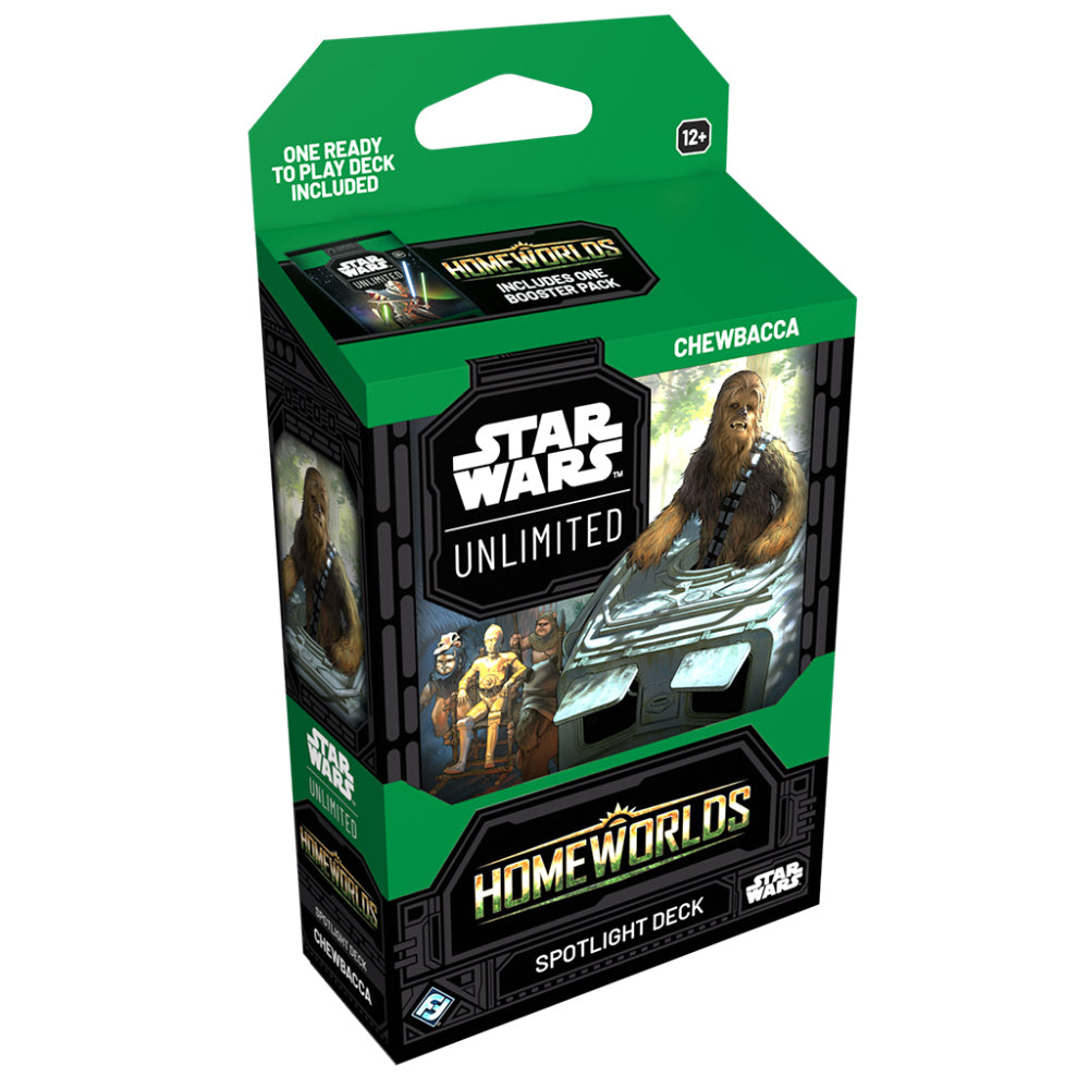 Green and black star wars unlimited homeworlds spotlight deck featuring chewbacca on the front for gameplay use