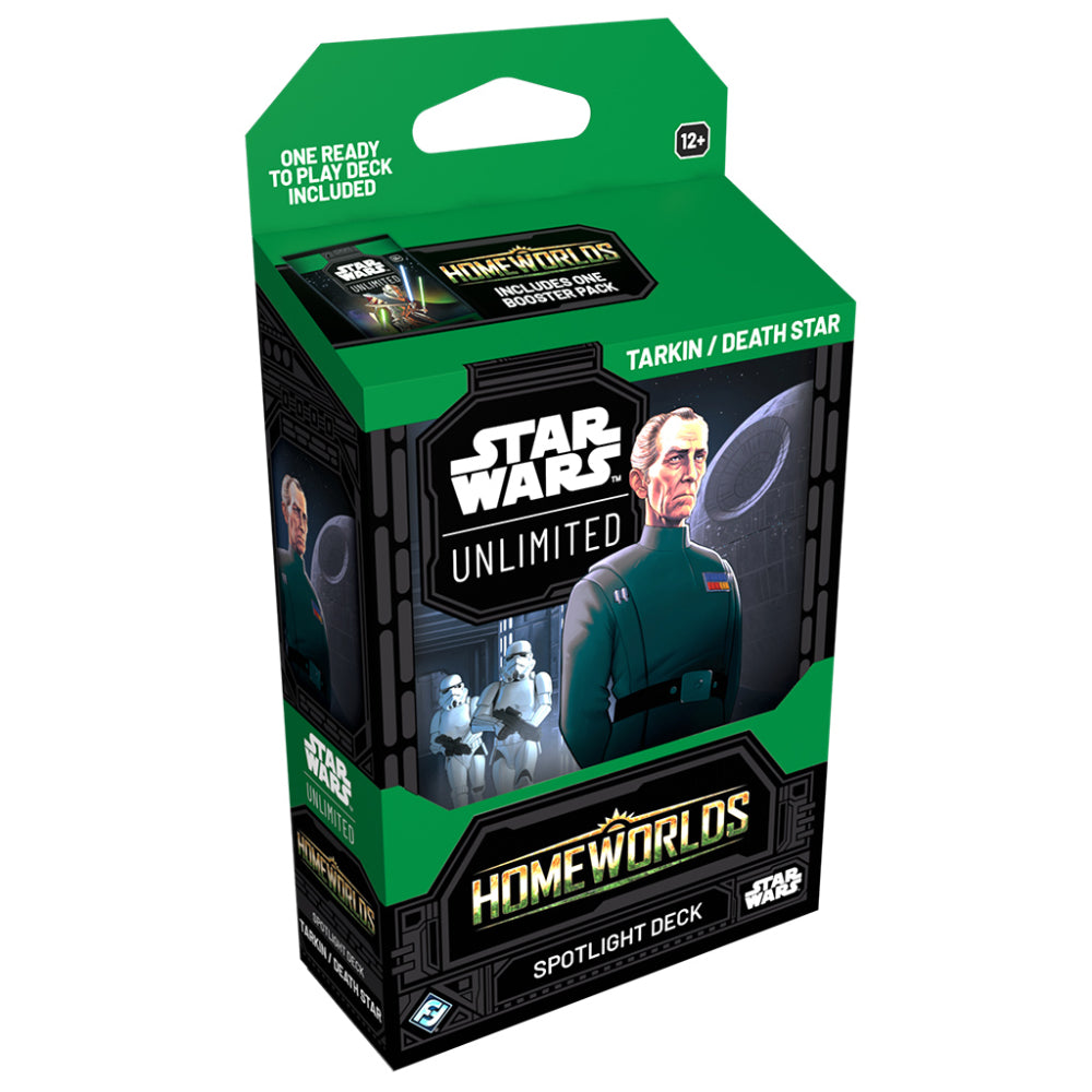 Green and black star wars unlimited homeworlds deck box featuring grand admiral tarkin portrait with death star backdrop