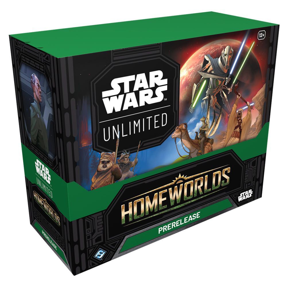 Star Wars Unlimited Homeworlds prerelease box in green and black featuring artwork of General Grievous Ewoks and characters