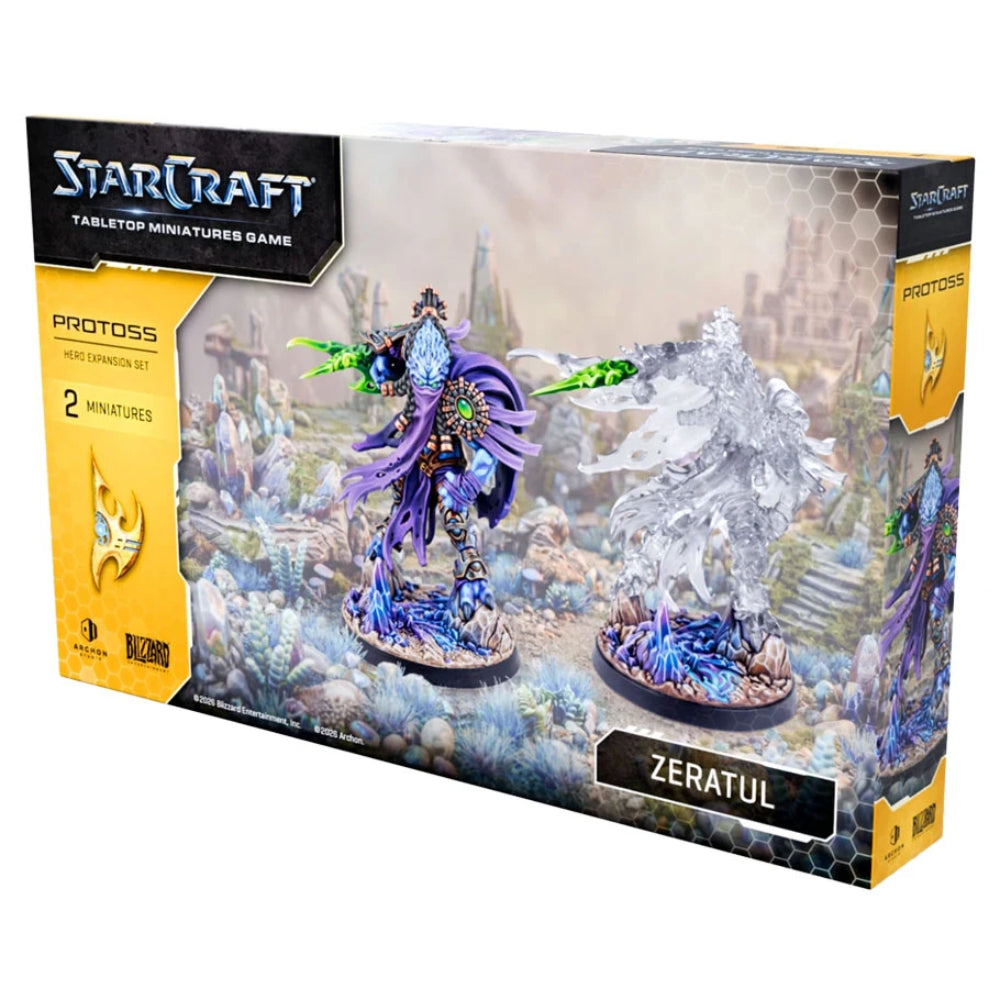 Zeratul miniature from starcraft miniatures game protoss pack in purple and blue armor with glowing green energy weapons
