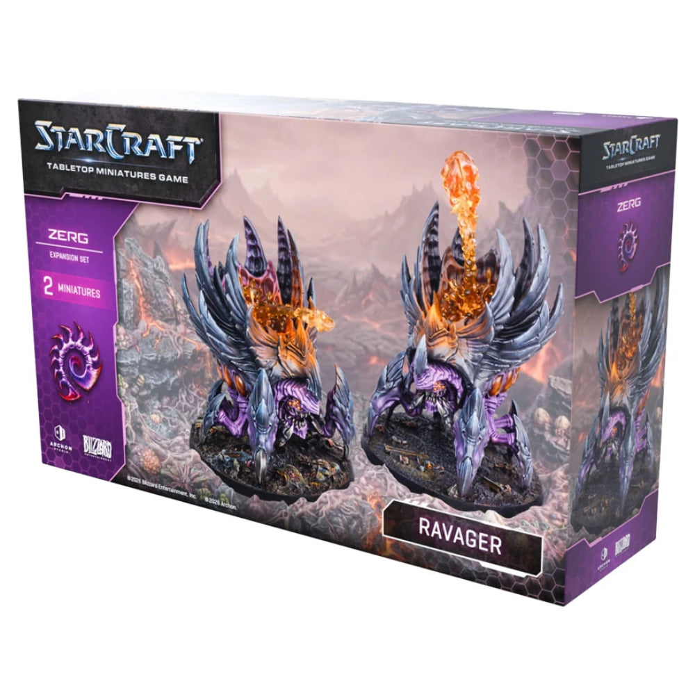 StarCraft miniatures game zerg pack ravager featuring purple and silver models with fiery orange accents in packaging