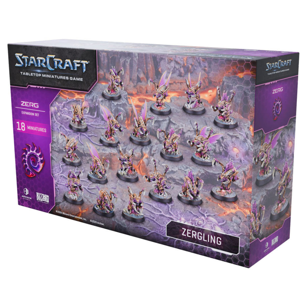 Starcraft miniatures game zerg pack zergling expansion box featuring 18 intricately painted purple and black miniatures