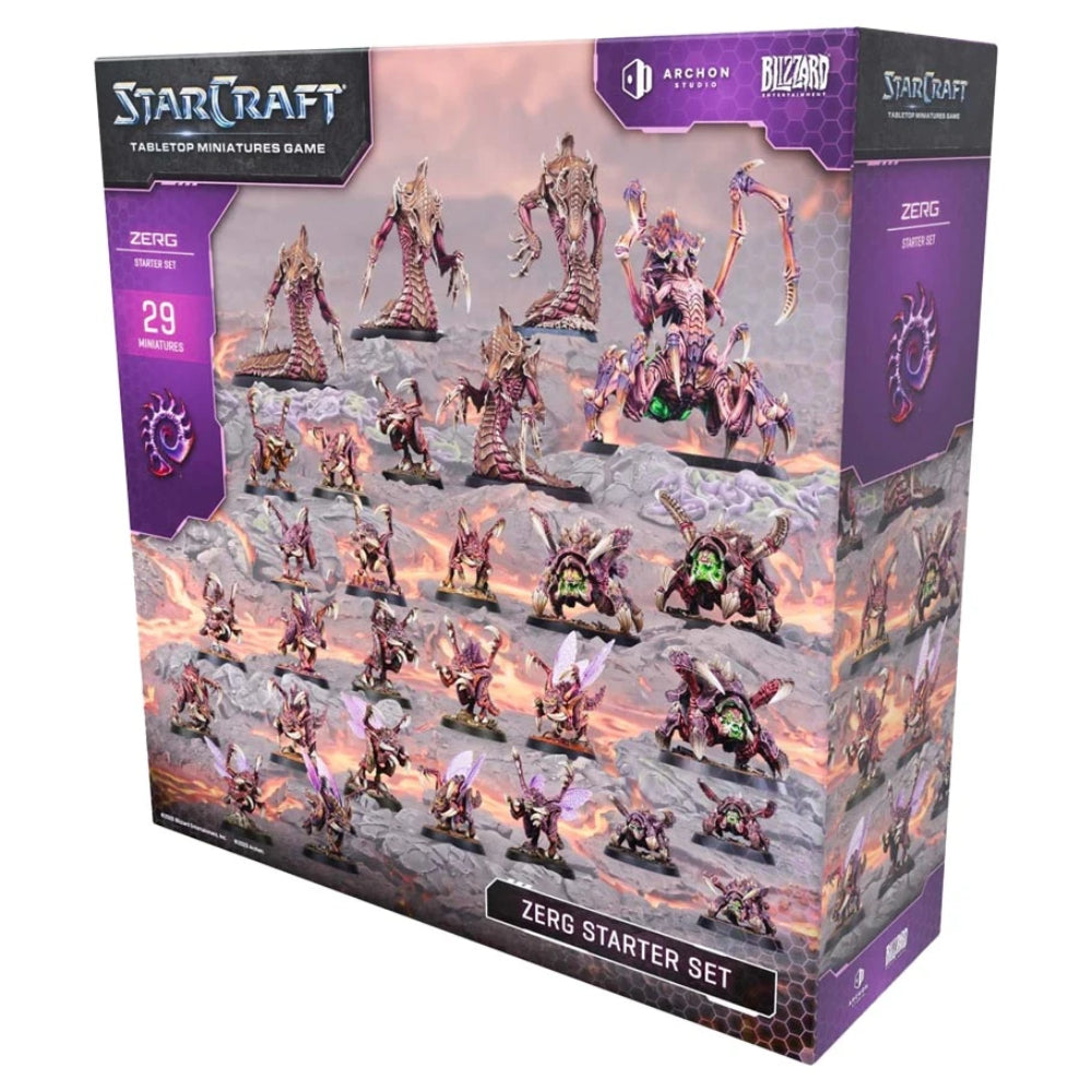 Purple and black starcraft miniatures game zerg starter set box with 29 detailed pink purple green and brown figures