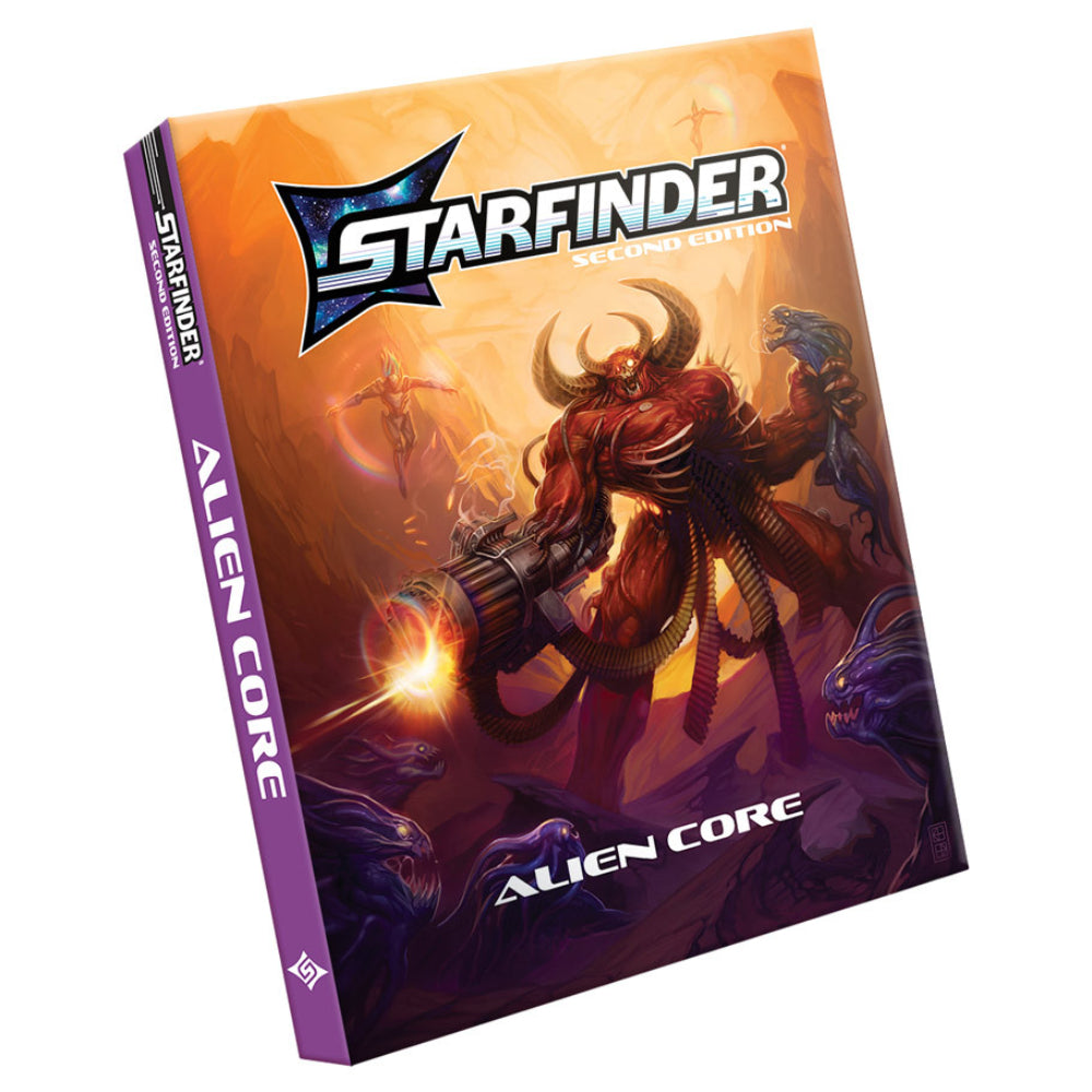 Starfinder rpg 2e alien core rulebook pocket edition game box featuring a red horned alien warrior with glowing hues