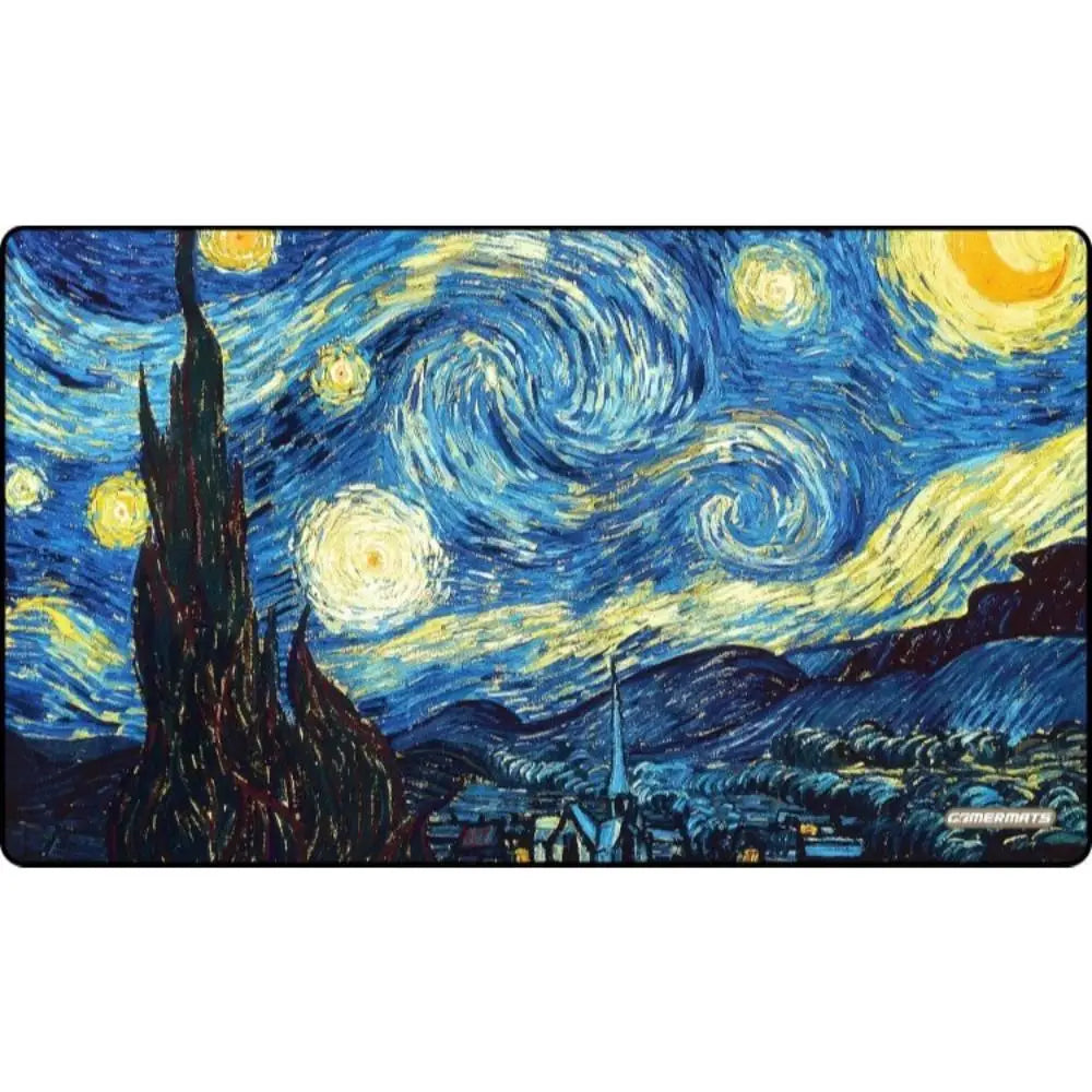 Starry night playmat rectangular mousepad with swirling blue and yellow skies and van gogh brushstroke texture