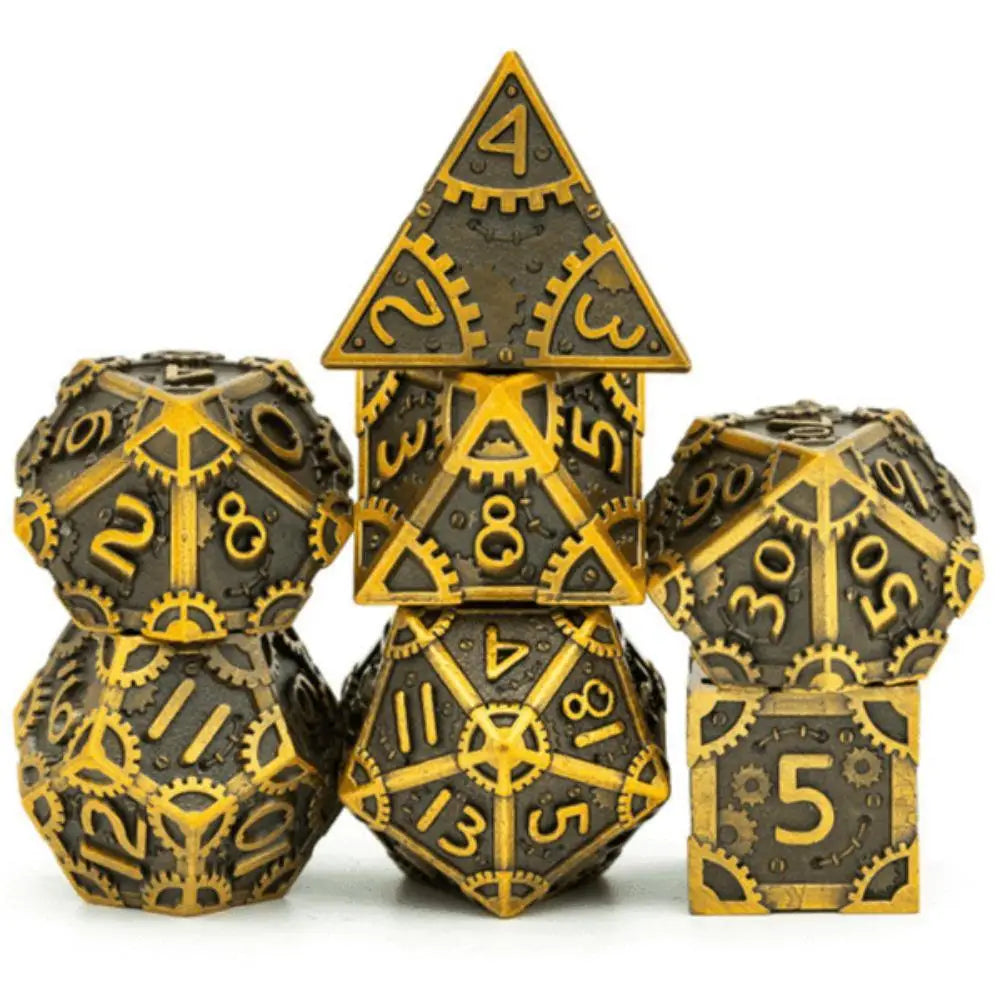 Steam Punk Antique Gold Metal Polyhedral (D&D) Dice Set (7) Dice & Dice Supplies Foam Brain Games   