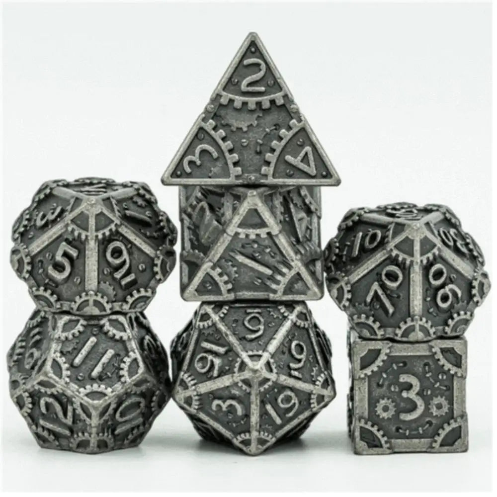 Steam Punk Silver Metal Polyhedral (D&D) Dice Set (7) Dice & Dice Supplies Foam Brain Games   