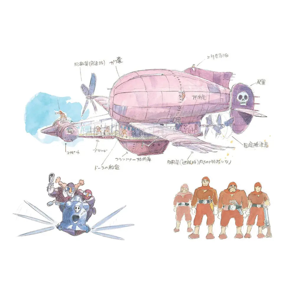 Studio ghibli official ruled journal showing the back side with a pink airship featuring a skull emblem and mechanical details