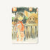 Watercolor-style illustration card of a young girl in orange beside a pig with lanterns in studio ghibli ruled journals