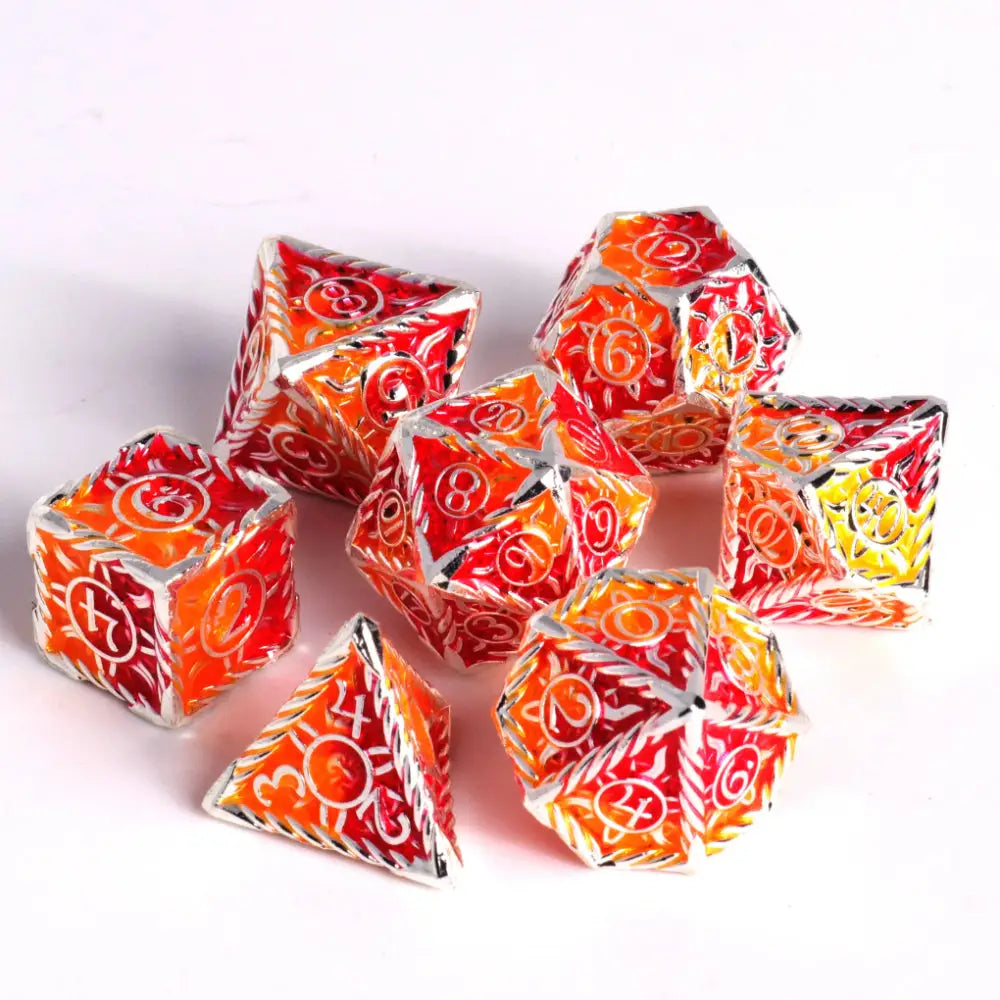 Sunwave Silver w/Red-Orange Metal Dice Polyhedral (D&D) Dice Set (7) - Dice & Dice Supplies