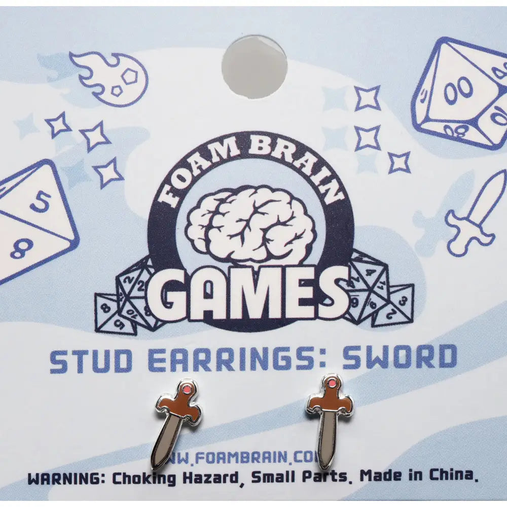 Silver and brown enamel sword post earrings from foam brain games featuring detailed design and stud style