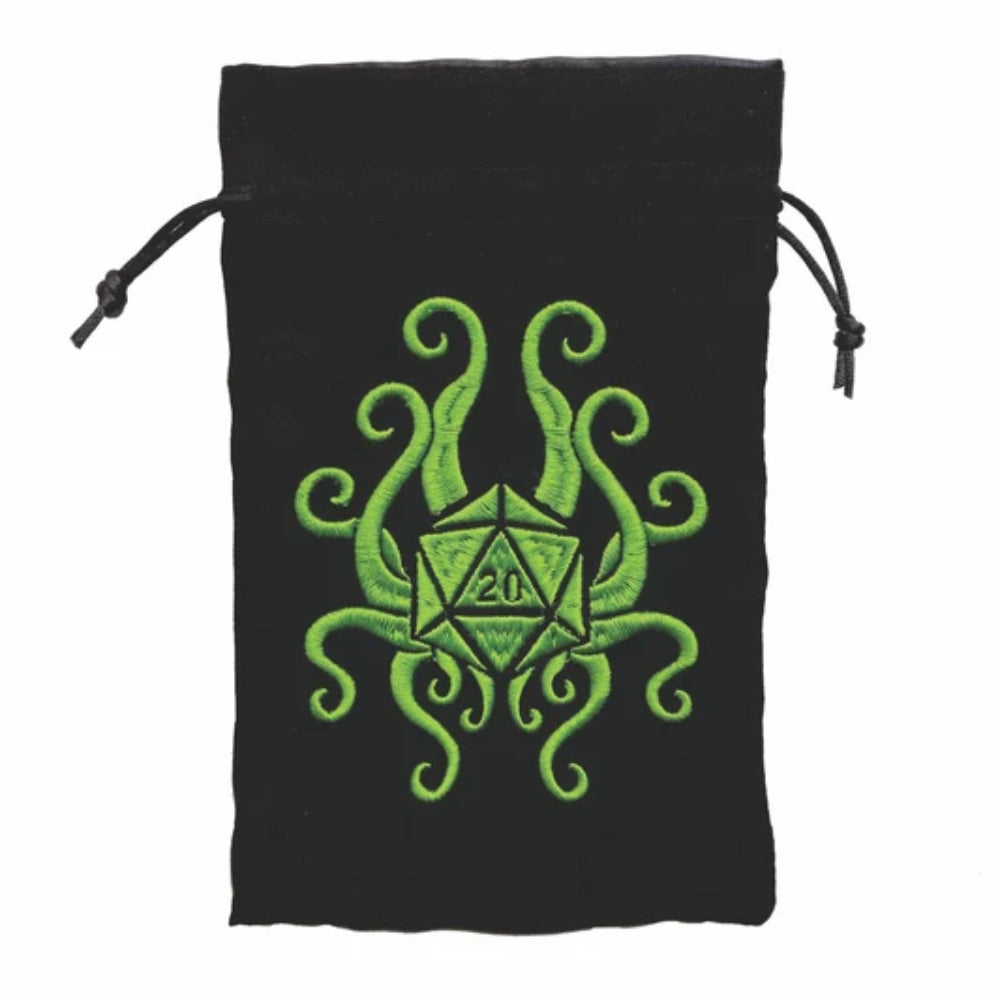 Black velvet drawstring dice bag with vibrant green embroidered octopus swirling a 20-sided die design