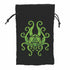 Black velvet drawstring dice bag with vibrant green embroidered octopus swirling a 20-sided die design