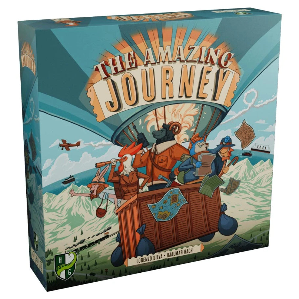 The amazing journey board game box with vibrant cartoon adventurers in an orange and brown hot air balloon against a teal sky