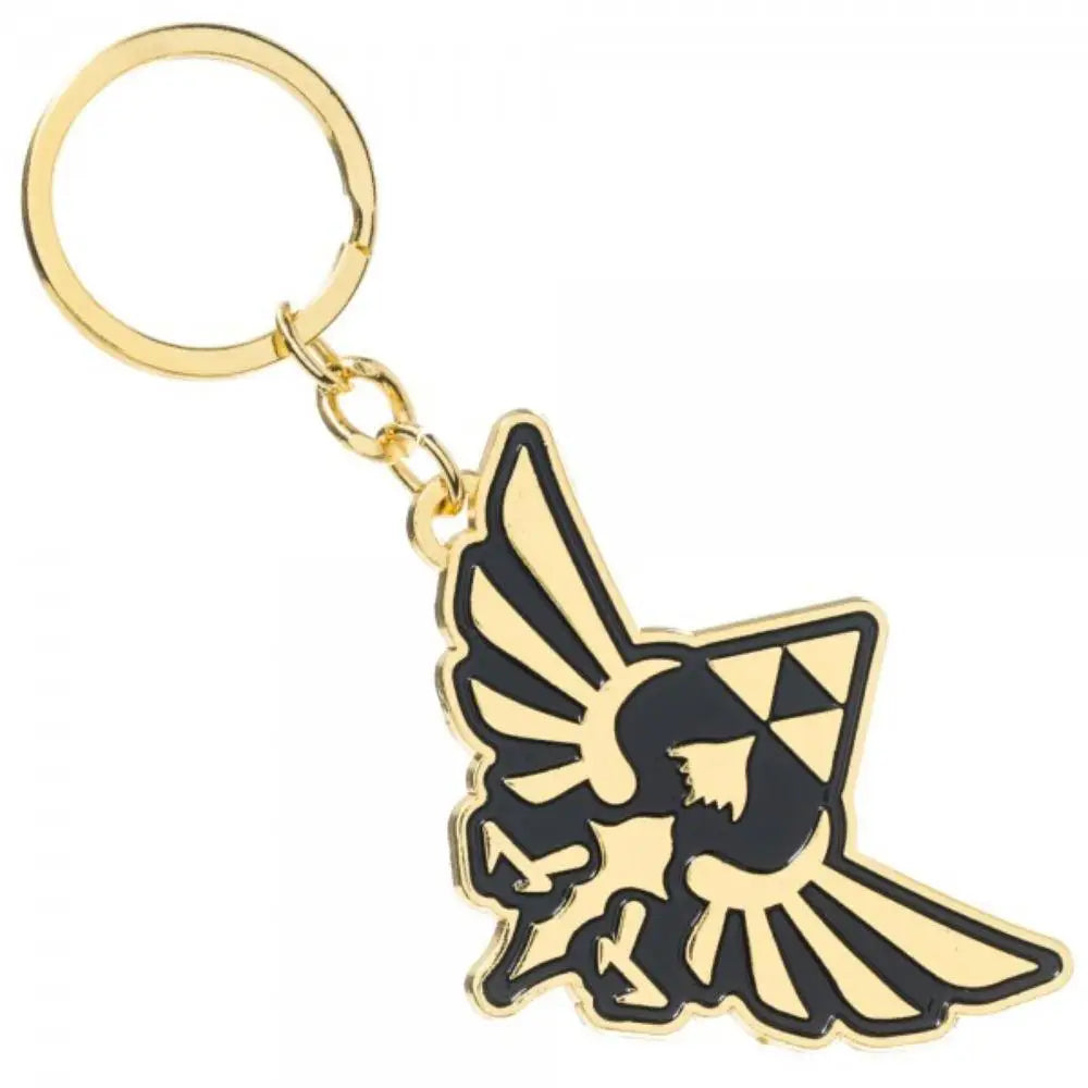 The legend of Zelda metal keychain in gold enamel features a stylized bird with outstretched wings and triforce symbol