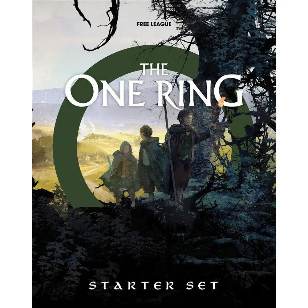 The one ring rpg starter set by free league featuring a dark green circular design with illustrated forest characters