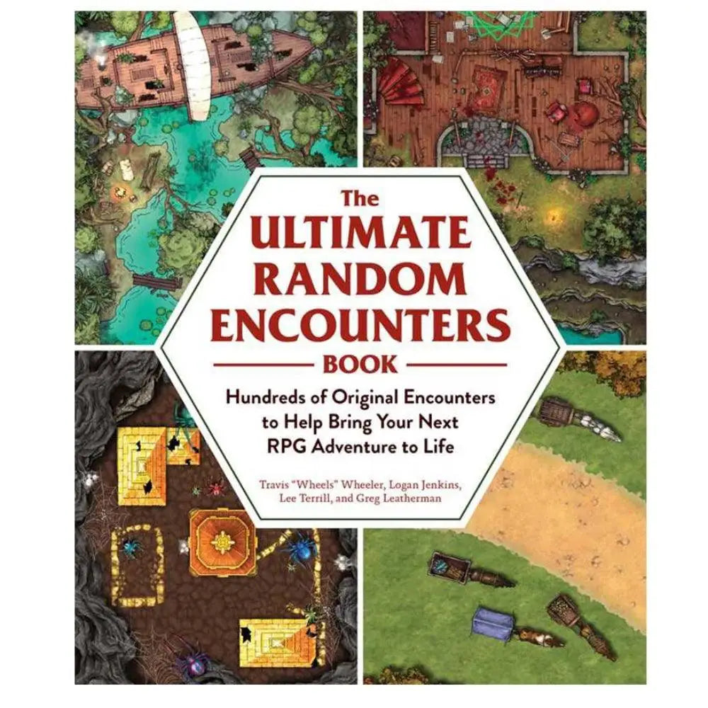 The ultimate random encounters book features a hexagonal colorful illustrated map cover for rpg settings